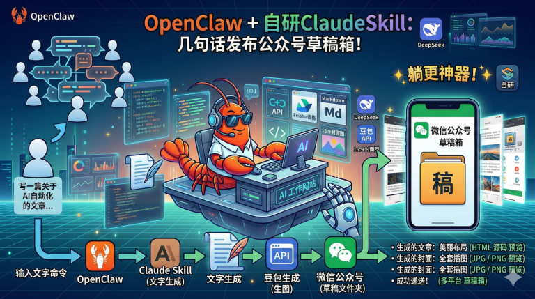 公众号躺更神器！OpenClaw+Claude Skill 实现自动读对标 + 写文 + 配图 + 存入草稿箱